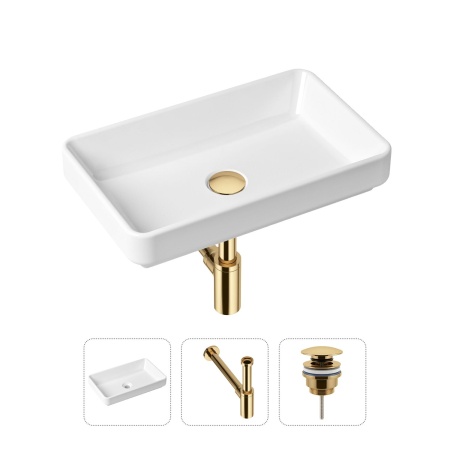 Комплект 3 в 1 Lavinia Boho Bathroom Sink 21520118: накладная фарфоровая раковина 55 см, металлический сифон, донный клапан