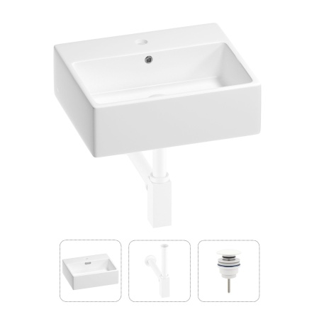 Раковина для ванной Wellsee Graceful Pro 201001335 в наборе 3 в 1: прямоугольная раковина белого глянцевого цвета, сифон, донный клапан в цвете матовый белый