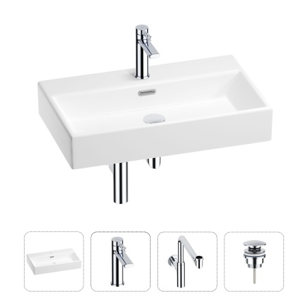 Раковина для ванной Wellsee Graceful Pro 201002996 в наборе 4 в 1: раковина белого глянцевого цвета, смеситель, сифон, донный клапан (цвет набора хром)