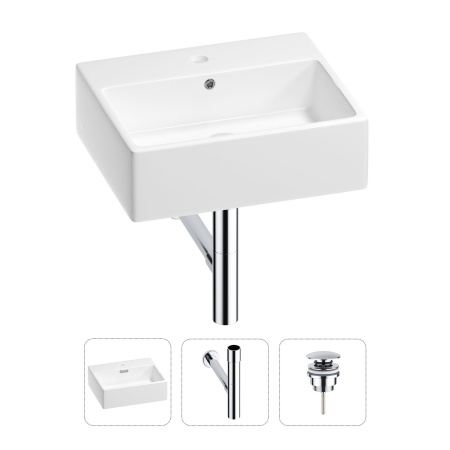 Раковина для ванной Wellsee Graceful Pro 201001336 в наборе 3 в 1: прямоугольная раковина белого глянцевого цвета, сифон, донный клапан в цвете хром