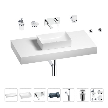 Раковина 42 см со столешницей 100 см Wellsee Pure BY Wellsee 201010871 в наборе 9 в 1: столешница, раковина, встраиваемый смеситель, сифон, выпуск, аксессуары (цвет набора хром)