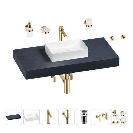 Раковина 42 см со столешницей 100 см Wellsee Pure BY Wellsee 201010818 в наборе 10 в 1: столешница, раковина, высокий смеситель, сифон, выпуск, кран-вентили, аксессуары (цвет золото)