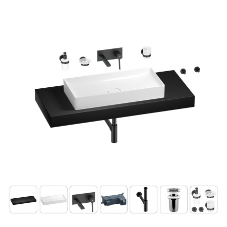 Раковина 75 см со столешницей 120 см Wellsee Pure BY Wellsee 201011787 в наборе 9 в 1: столешница, раковина, встраиваемый смеситель, сифон, выпуск, аксессуары (цвет набора матовый черный)