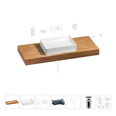 Раковина 50 см со столешницей 120 см Wellsee Pure BY Wellsee 201011370 в наборе 9 в 1: столешница, раковина, встраиваемый смеситель, сифон, выпуск, аксессуары (цвет набора матовый белый)
