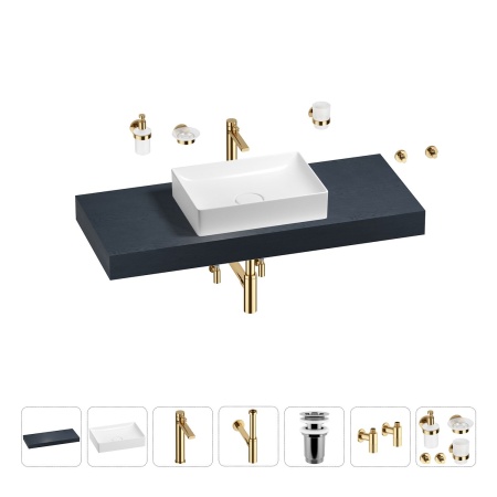 Раковина 50 см со столешницей 120 см Wellsee Pure BY Wellsee 201011338 в наборе 10 в 1: столешница, раковина, высокий смеситель, сифон, выпуск, кран-вентили, аксессуары (цвет золото)