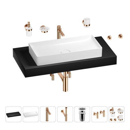 Раковина 75 см со столешницей 100 см Wellsee Pure BY Wellsee 201011659 в наборе 10 в 1: столешница, раковина, высокий смеситель, сифон, выпуск, кран-вентили, аксессуары (цвет розовое золото)