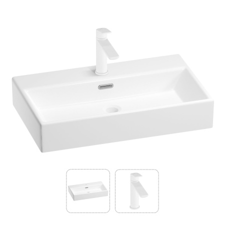 Раковина для ванной Wellsee Graceful Pro 201000790 в наборе 2 в 1: прямоугольная раковина белого глянцевого цвета, смеситель в цвете матовый белый
