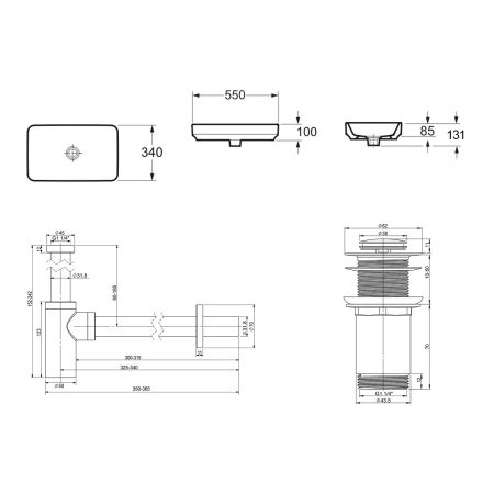 Комплект 3 в 1 Lavinia Boho Bathroom Sink 21520113: накладная фарфоровая раковина 55 см, металлический сифон, донный клапан