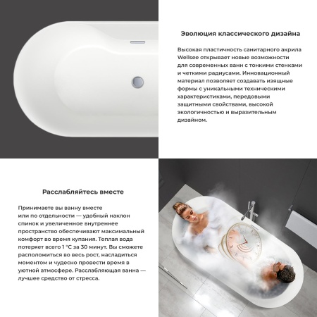 Акриловая ванна в наборе 3 в 1: отдельностоящая ванна, ножки, экран Wellsee Vanille Joie 236501000