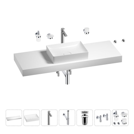 Раковина 50 см со столешницей 140 см Wellsee Pure BY Wellsee 201011511 в наборе 10 в 1: столешница, раковина, высокий смеситель, сифон, выпуск, кран-вентили, аксессуары (цвет хром)