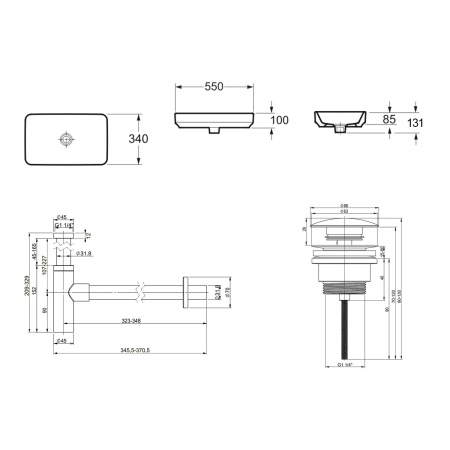 Комплект 3 в 1 Lavinia Boho Bathroom Sink 21520152: накладная фарфоровая раковина 55 см, металлический сифон, донный клапан
