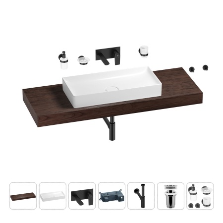 Раковина 75 см со столешницей 140 см Wellsee Pure BY Wellsee 201011862 в наборе 9 в 1: столешница, раковина, встраиваемый смеситель, сифон, выпуск, аксессуары (цвет набора матовый черный)