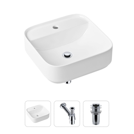 Комплект 3 в 1 Lavinia Boho Bathroom Sink 21520273: накладная фарфоровая раковина 42 см, металлический сифон, донный клапан