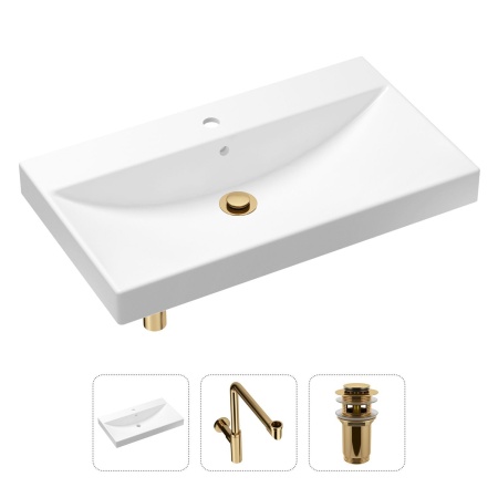 Комплект 3 в 1 Lavinia Boho Bathroom Sink 21520644: врезная фарфоровая раковина 80 см, металлический сифон, донный клапан