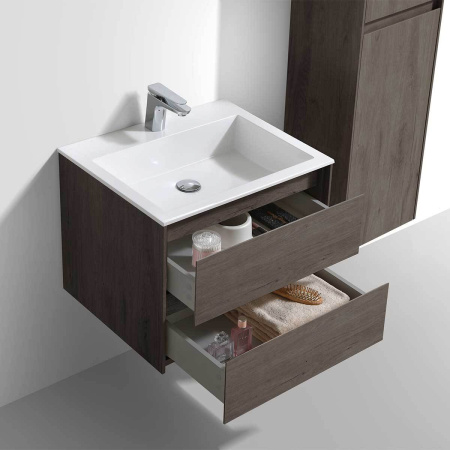 Тумба Vincea Luka 600 подвесная, 2 выкатных ящика soft-close, R.Oak с умывальником VCB-13600W из искусственного камня, цвет белый