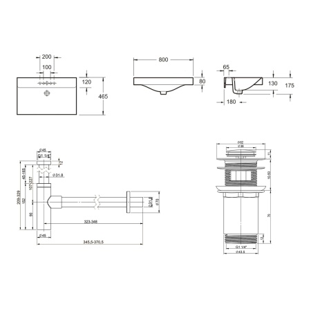Комплект 3 в 1 Lavinia Boho Bathroom Sink 21520638: врезная фарфоровая раковина 80 см, металлический сифон, донный клапан