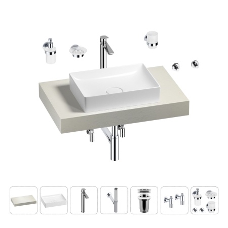 Раковина 50 см со столешницей 80 см Wellsee Pure BY Wellsee 201011071 в наборе 10 в 1: столешница, раковина, высокий смеситель, сифон, выпуск, кран-вентили, аксессуары (цвет хром)