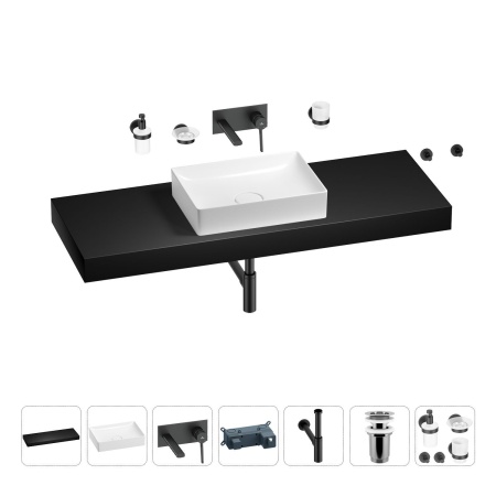 Раковина 50 см со столешницей 140 см Wellsee Pure BY Wellsee 201011547 в наборе 9 в 1: столешница, раковина, встраиваемый смеситель, сифон, выпуск, аксессуары (цвет набора матовый черный)