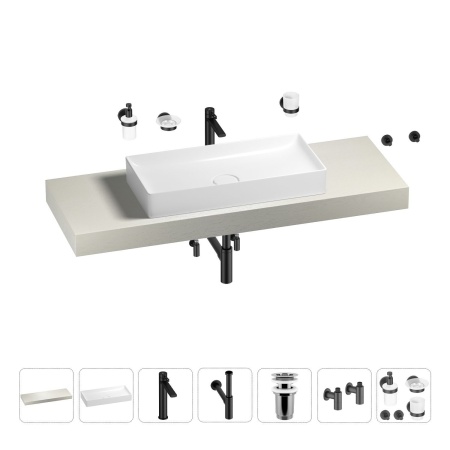 Раковина 75 см со столешницей 140 см Wellsee Pure BY Wellsee 201011797 в наборе 10 в 1: столешница, раковина, высокий смеситель, сифон, выпуск, кран-вентили, аксессуары (цвет матовый черный)