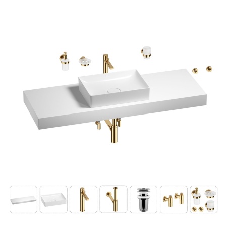 Раковина 50 см со столешницей 140 см Wellsee Pure BY Wellsee 201011518 в наборе 10 в 1: столешница, раковина, высокий смеситель, сифон, выпуск, кран-вентили, аксессуары (цвет золото)
