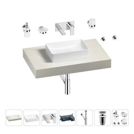 Раковина 42 см со столешницей 80 см Wellsee Pure BY Wellsee 201010716 в наборе 9 в 1: столешница, раковина, встраиваемый смеситель, сифон, выпуск, аксессуары (цвет набора хром)