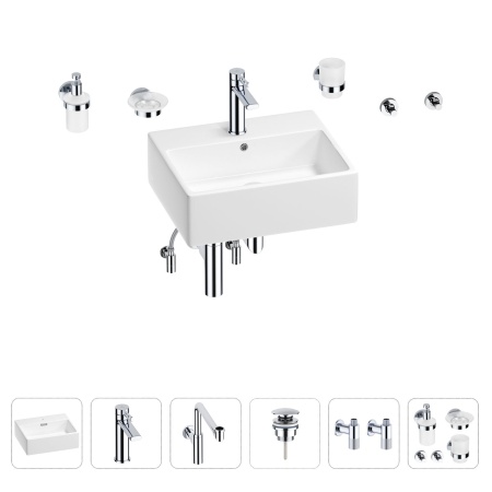 Раковина для ванной Wellsee Graceful Pro 201006696 в наборе 9 в 1: раковина белого глянцевого цвета, смеситель, сифон, донный клапан, угловые вентили, аксессуары (цвет набора хром)