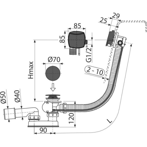 Сифон для ванны Alcaplast автомат с напуском воды через перелив, черный-мат, A564BLACK-80