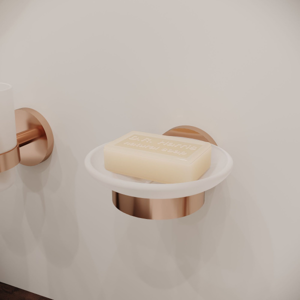 Стеклянная мыльница с латунным настенным держателем Wellsee Finishing Touch 182504000 (цвет мыльницы матовый, цвет держателя розовое золото). Для применения в ванной комнате и кухне