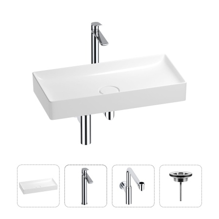 Раковина для ванной Wellsee Pure BY Wellsee 201002781 в наборе 4 в 1: раковина белого глянцевого цвета, высокий смеситель, сифон, выпуск (цвет набора хром)