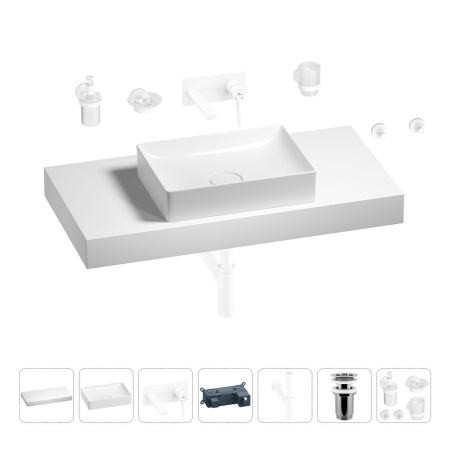 Раковина 50 см со столешницей 100 см Wellsee Pure BY Wellsee 201011290 в наборе 9 в 1: столешница, раковина, встраиваемый смеситель, сифон, выпуск, аксессуары (цвет набора матовый белый)