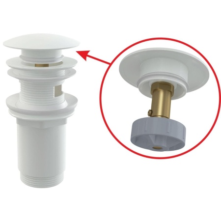 Водослив для умывальника Alcaplast click/clack 5/4", цельнометаллический c большой белой заглушкой, A392B
