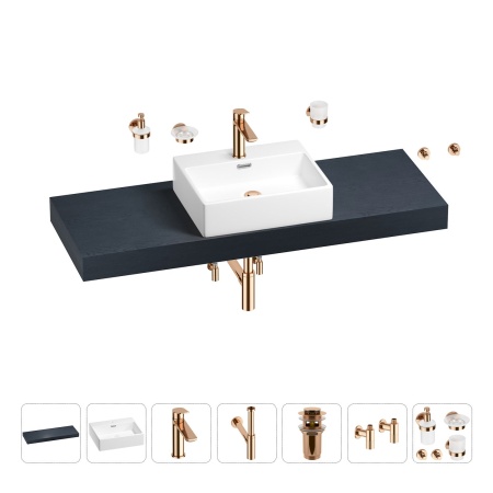Раковина 50 см со столешницей 140 см Wellsee Graceful Pro 201012584 в наборе 10 в 1: столешница, раковина, смеситель, сифон, донный клапан, угловые вентили, аксессуары (цвет розовое золото)