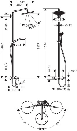 Hansgrohe Croma Select S Showerpipe 280 1jet Душевой набор с термостатом для ванны хром 26792000