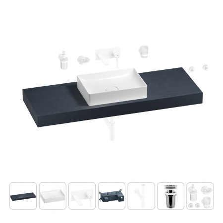 Раковина 50 см со столешницей 140 см Wellsee Pure BY Wellsee 201011470 в наборе 9 в 1: столешница, раковина, встраиваемый смеситель, сифон, выпуск, аксессуары (цвет набора матовый белый)