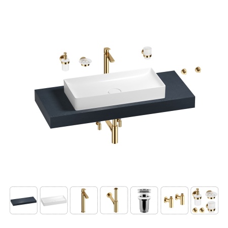 Раковина 75 см со столешницей 120 см Wellsee Pure BY Wellsee 201011693 в наборе 10 в 1: столешница, раковина, высокий смеситель, сифон, выпуск, кран-вентили, аксессуары (цвет золото)