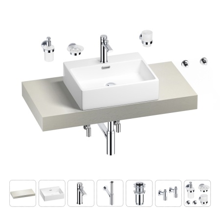 Раковина 50 см со столешницей 100 см Wellsee Graceful Pro 201012456 в наборе 10 в 1: столешница, раковина, смеситель, сифон, донный клапан, угловые вентили, аксессуары (цвет хром)