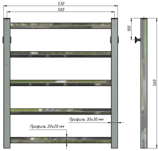 Полотенцесушитель водяной Stinox Sorento 500x600, нижнее подключение, хром, 1/2" ВР (внутренняя резьба), 5 перекладин