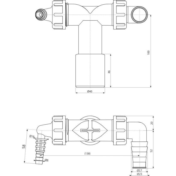 Колено с двумя штуцерами Alcaplast DN40/32 / 8–23 с обратными клапанами, P156Z