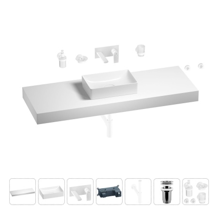 Раковина 42 см со столешницей 140 см Wellsee Pure BY Wellsee 201011050 в наборе 9 в 1: столешница, раковина, встраиваемый смеситель, сифон, выпуск, аксессуары (цвет набора матовый белый)