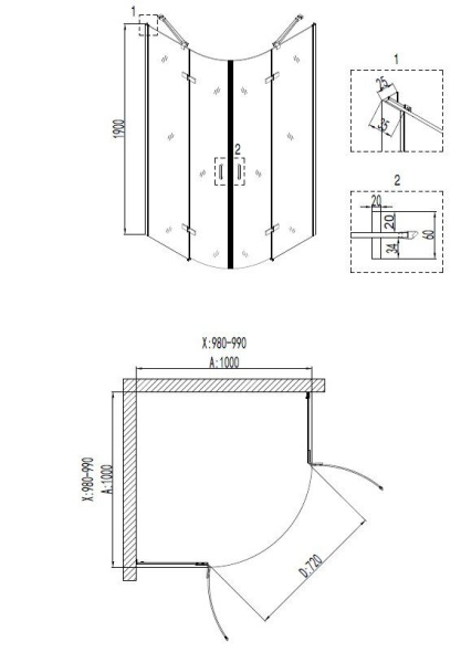 Душевое ограждение Niagara Nova NG-6816-08 BLACK 100x100x190 полукруг, двери распашные