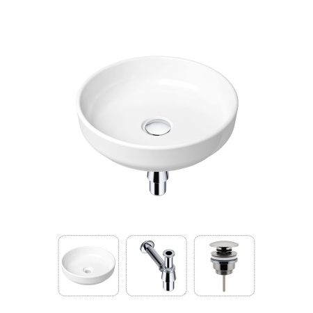 Комплект 3 в 1 Lavinia Boho Bathroom Sink 21520166: накладная фарфоровая раковина 40 см, металлический сифон, донный клапан