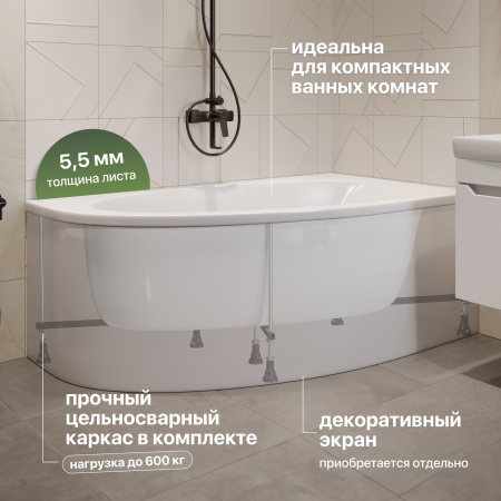 Акриловая ванна STWORKI Ноттвиль R 160x90 см, угловая, правая, пристенная, белая, асимметричная, с каркасом