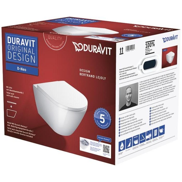 Duravit D-Neo Унитаз подвесной 37x54 см, безободковый, в комплекте с сиденьем, цвет: белый 45770900A1 (2577090000+0021690000)