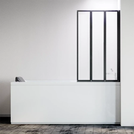 Шторка на ванну складная правая Veconi Palau, PL-73BR, 1200x1500, черный матовый, прозрачное стекло