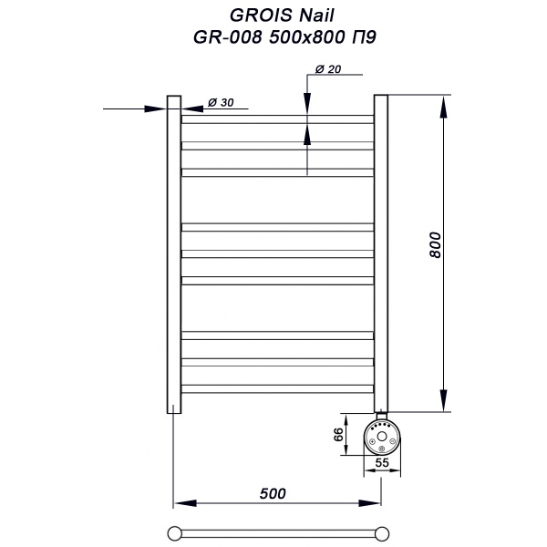 Полотенцесушитель GROIS Nile GR-008 500х800 П9 (3+3+3) RAL9003 bronze с тэном (-)