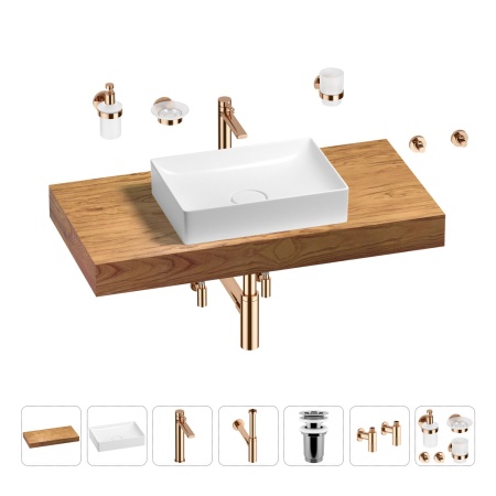 Раковина 50 см со столешницей 100 см Wellsee Pure BY Wellsee 201011239 в наборе 10 в 1: столешница, раковина, высокий смеситель, сифон, выпуск, кран-вентили, аксессуары (цвет розовое золото)
