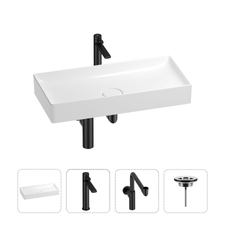 Раковина для ванной Wellsee Pure BY Wellsee 201002787 в наборе 4 в 1: раковина белого глянцевого цвета, высокий смеситель, сифон, выпуск (цвет набора матовый черный)
