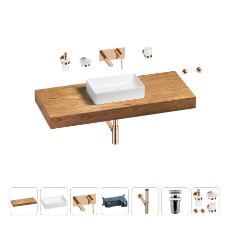 Раковина 42 см со столешницей 120 см Wellsee Pure BY Wellsee 201010934 в наборе 9 в 1: столешница, раковина, встраиваемый смеситель, сифон, выпуск, аксессуары (цвет набора розовое золото)