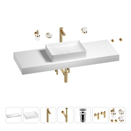 Раковина 50 см со столешницей 140 см Wellsee Pure BY Wellsee 201011513 в наборе 10 в 1: столешница, раковина, высокий смеситель, сифон, выпуск, кран-вентили, аксессуары (цвет золото)