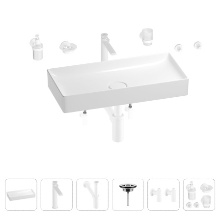 Раковина для ванной Wellsee Pure BY Wellsee 201006460 в наборе 9 в 1: раковина белого глянцевого цвета, высокий смеситель, сифон, выпуск, угловые вентили, аксессуары (цвет матовый белый)